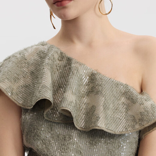 Langzi one-shoulder ruffled beaded fashionable design shirt elegant temperament shirt women 2026 spring new moss green S