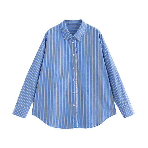Chuyu striped splicing lace mid-length loose shirt for women 2025 autumn new casual cardigan blue and white stripes M