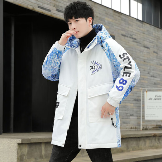 Mid-length jacket men's autumn and winter trendy brand youth velvet thickened jacket junior high school and high school student jacket off-white 4XL size 180-200Jin Jin is equal to 0.5 kg