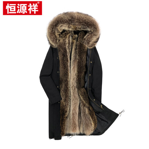 Hengyuanxiang Haining Paike men's winter mid-length cotton coat and fur one-piece thickened imitation fur jacket middle-aged military coat brand high-end men's classic black large long length about 112 4XL 165 to 185 Jin Jin is equal to 0.5 kg