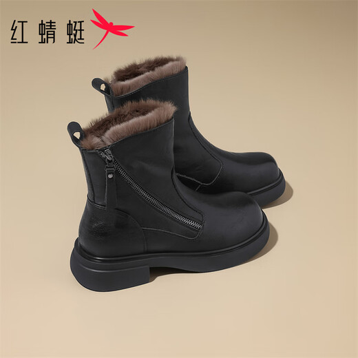 Red Dragonfly Short Boots for Women British Style Versatile Velvet Thickened Snow Boots Warm Winter 2025 New Black Velvet Heel Height 4.1cm 35 (225mm)
