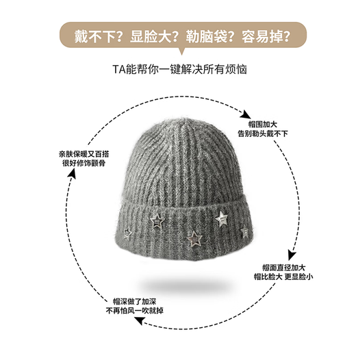 Sherundo knitted hat for women in winter, Korean version, versatile, large head circumference, mountaineering woolen hat, windproof, autumn and winter anti-cold hat, small face, black