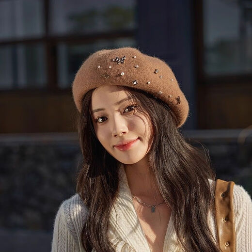 Foyhao Wool Beret Women's Autumn and Winter Pumpkin Hat Small Fragrant Style Fashionable Warm Hat Handmade Pearl Rhinestone Painter Hat Cream White