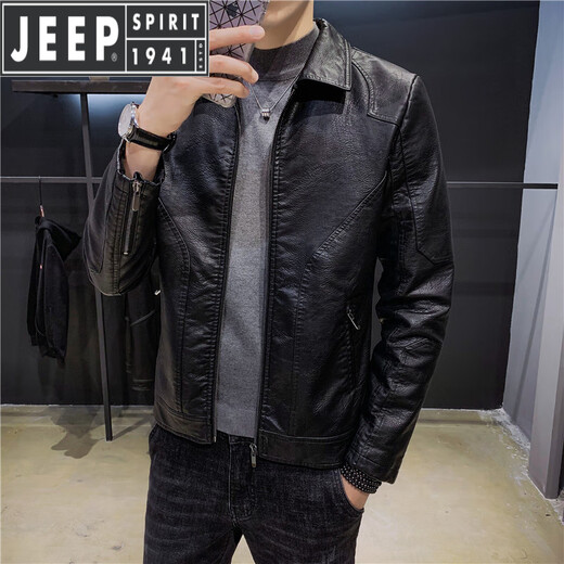 JEEP SPIRIT leather jacket for men 2025 new trendy brand trendy handsome plus velvet thickened motorcycle leather jacket for men in autumn and winter PU10 black single style M 90-105Jin Jin is equal to about 0.5 kg