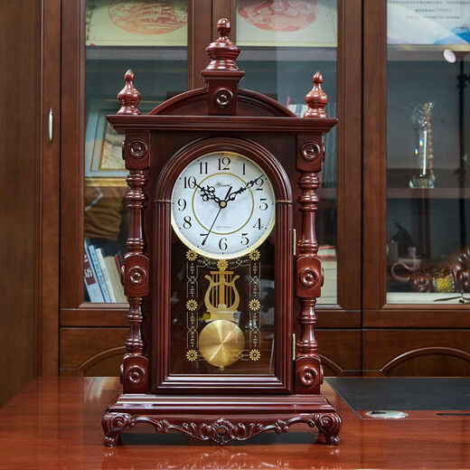 CLCEY Chinese solid wood table clock hourly timekeeping retro table clock home living room desktop desktop clock European clock ornaments silent model 18 inches