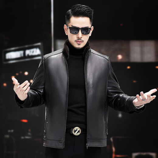 Fat Donglai Supermarket purchasing Haining leather jacket for men in autumn and winter with removable inner liner goatskin imitation deer pattern mink same style black 4XL