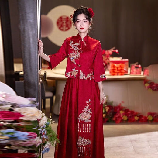 Xianqing Pregnant Women's Toast Wear for Women Bridal Wedding and Engagement Dress New Chinese Style Large Size Fat Girl Out of the Court Wedding Dress Burgundy Dress S