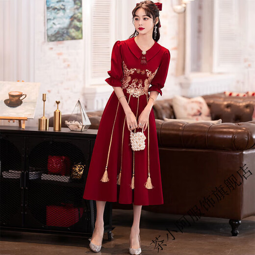 Tea girl's toasting dress bride's burgundy wedding engagement dress dress can be worn back to the house casual wear lapel spring and summer red M