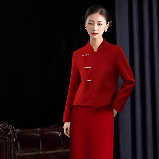 OIMG light luxury high-end winter Chinese style red woolen coat women's autumn engagement dress wedding dress toasting dress red jacket + skirt (set) L