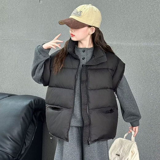 Wooden house girl's winter vest plus velvet and thickening for middle and large children 2026 new style autumn and winter style children's three-piece trendy black cotton vest thickened 140 recommended height 125-135 weight 50-60 Jin Jin is equal to 0.5 kg