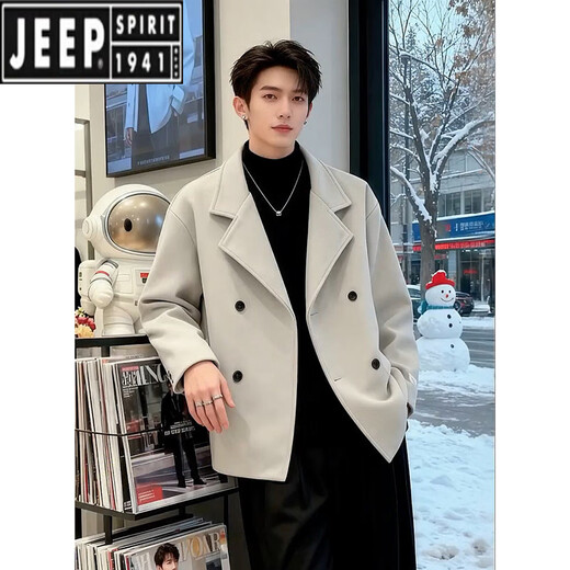 JEEP SPIRIT Korean style short woolen coat men's winter style cotton thickened coat British style woolen suit jacket black L 120-135Jin Jin equals 0.5 kg