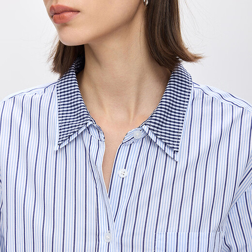 LILY2026 Spring New Pure Cotton Simple Lapel Striped Loose Casual Commuting Light Color Long Sleeve Shirt Jacket Women 424 Light Gray Blue S