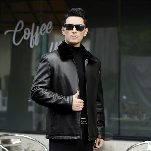 Haining fur all-in-one leather jacket for men, winter plus velvet, thickening and warmth, black M 170