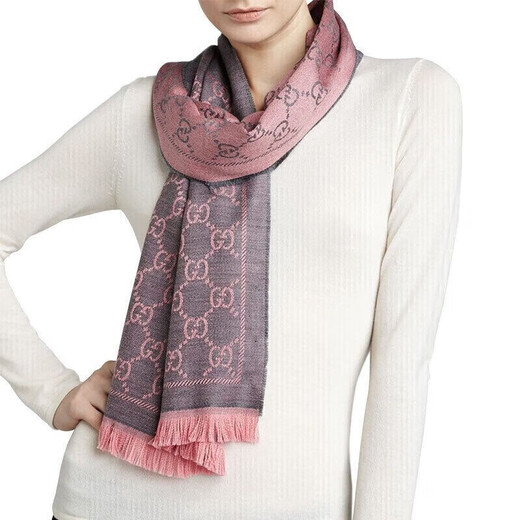 Gucci (GUCCI) Fashion Women's GG Jacquard Scarf Double G Wool Tassel Shawl Knitted Scarf New Year's Gift Pink Gray 133483(1272) One Size Size 180*48cm
