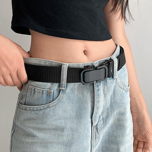 Tenggexiang canvas belt for men, automatic buckle belt, casual pants belt, punch-free, trendy, versatile, fashionable, student military training, black 120CM