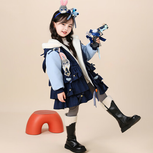 Hanzaki Judy Rabbit thickened cotton coat 2025 new winter style girl's stylish Judy Rabbit police officer cotton coat winter coat Navy blue cotton coat + big hat + rabbit pendant + fur ball quilted and velvet thickened version 130 cm The size is too large