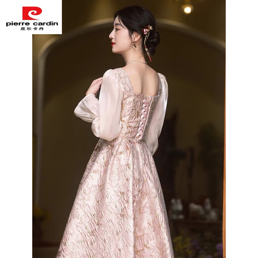 Pierre Cardin Engagement Dress Women 2025 New Style Spring Long-Sleeved Toast Wear Bridal Fashion Slim Dress Champagne 2XL