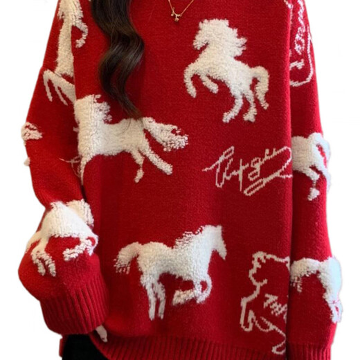 ANGEL MOOD Red Sweater Women's Year of the Horse Zodiac Red Sweater New Year's Style Thickened Round Neck Loose Women's Sweater Bottoming Shirt Women Burgundy 2XL
