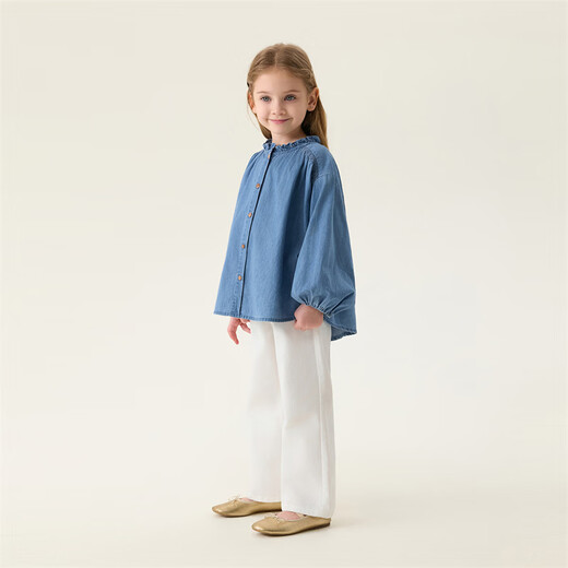 MARC&JANIE Mark Jenny retro literary girls' lace denim shirt baby shirt 2026 spring new style 560151 light denim 130 cm (recommended height 121-130cm)