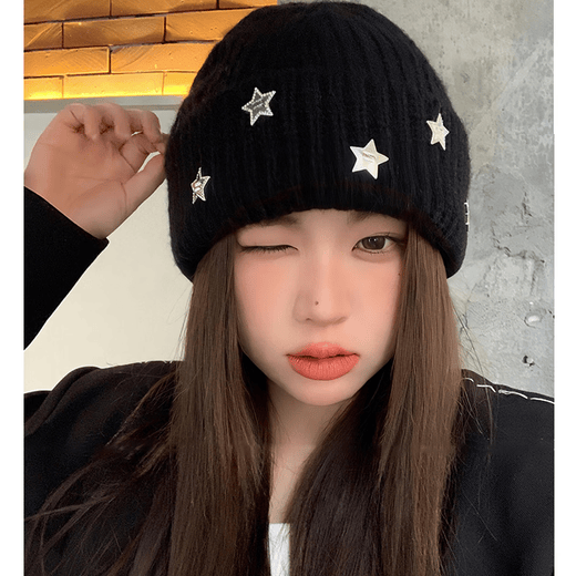 Sherundo knitted hat for women in winter, Korean version, versatile, large head circumference, mountaineering woolen hat, windproof, autumn and winter anti-cold hat, small face, black