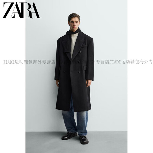 ZARA2025 new winter style men's blended loose double-breasted long coat 5854306 800 official authentic black S (175/92A)
