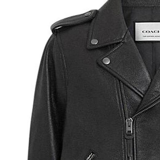 COACH Solid Color Glossy Cuban Collar Zip Closure Leather Jacket Men's Black Black M