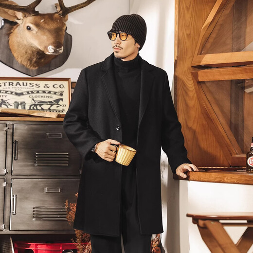 Jay Leno American Retro Black Wool Coat Men's Winter Mid-Length Thick Shoulder Pads Loose Warm Wool Wool Coat Men Black M Suitable for 100-125 Jin Jin equals 0.5 kg