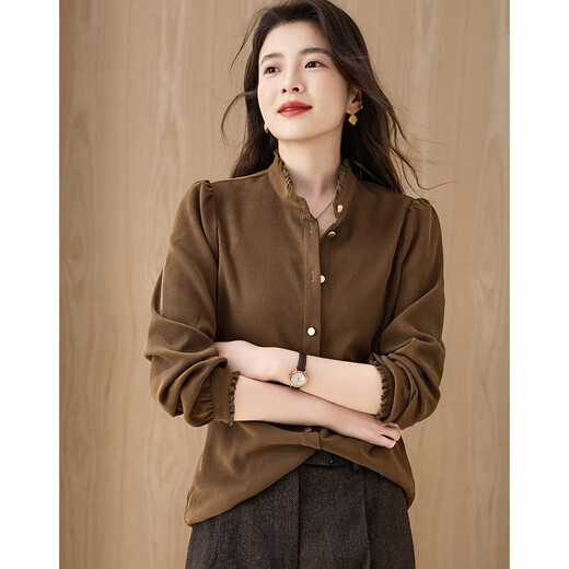 Demana Cheese Brushed Winter Warm Slim Shirt Commuting Stand Collar Lace Decoration Puff Sleeve Shirt Women's Top