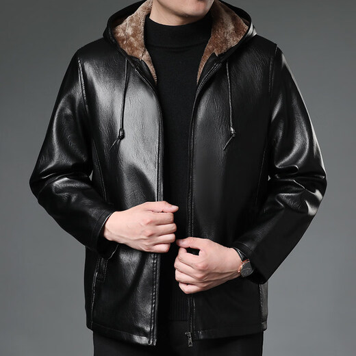 Goldlion middle-aged men's dad leather jacket hooded plus velvet thickening autumn and winter hooded casual warm men's leather jacket hooded pickle green-brown velvet M 52 size_(95-110Jin Jin is equal to 0.5 kg)