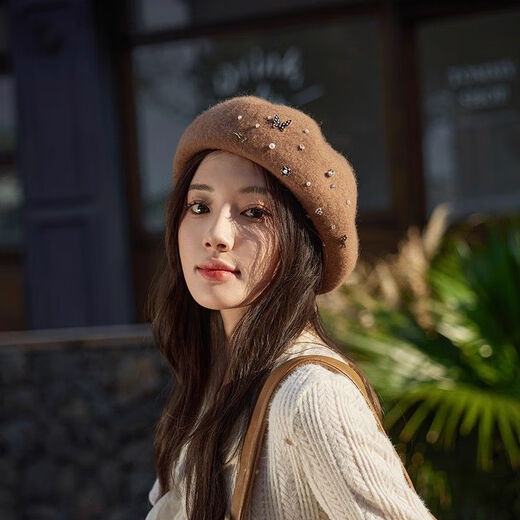 Foyhao Wool Beret Women's Autumn and Winter Pumpkin Hat Small Fragrant Style Fashionable Warm Hat Handmade Pearl Rhinestone Painter Hat Cream White