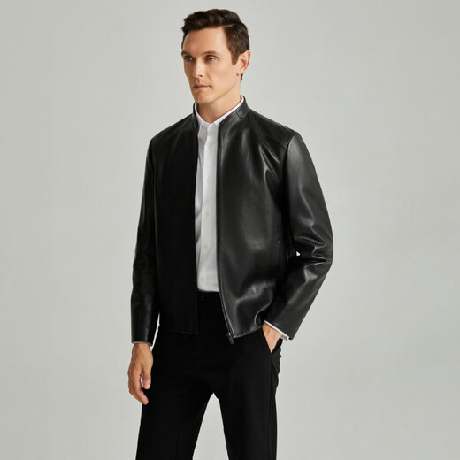 SATCHI Retro Stand Collar Solid Color Casual Light Mature Commuting Versatile Soft Leather Jacket Men's Black Black One Size 52