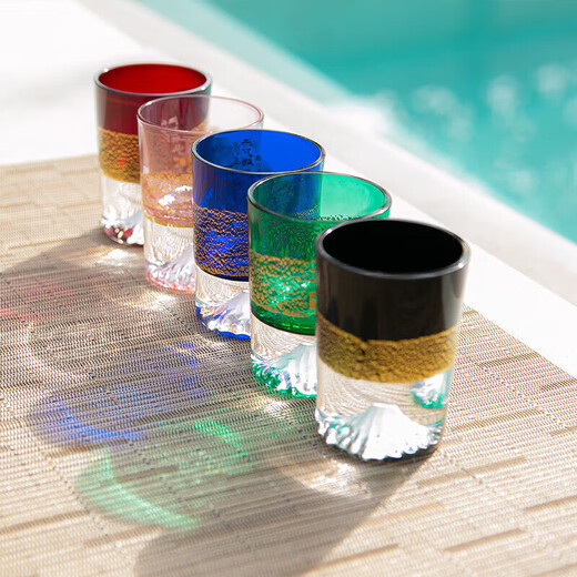 Tajima Glass Black Gold Foil Mount Fuji Cold Wine Glass Original Wooden Box Imported from Japan