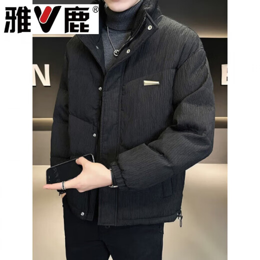 雅鹿潮牌韩版男士白鸭绒服外套2026冬季新款加厚青年痞帅短款面包服  黑色 M