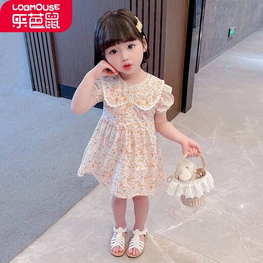 乐芭鼠童装女童连衣裙女宝宝衣服夏季甜美可爱碎花裙小孩裙子公主裙娃娃领洋气时髦薄款中小童 桔色 100码建议2-3岁 ( 90-100cm )