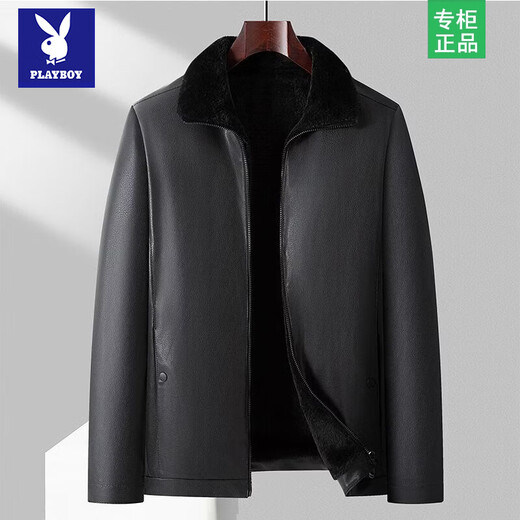 Playboy middle-aged men's leather jacket plus velvet thickened men's casual leather jacket loose large size PU leather jacket middle-aged and elderly dad's outfit black L 175/54 size 130-150Jin Jin equals 0.5 kg