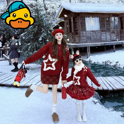 G.duck Christmas parent-child outfits for a family of three and four to celebrate the New Year and celebrate the New Year 2026 mother-daughter mother-child thickened sweater red 130 cm