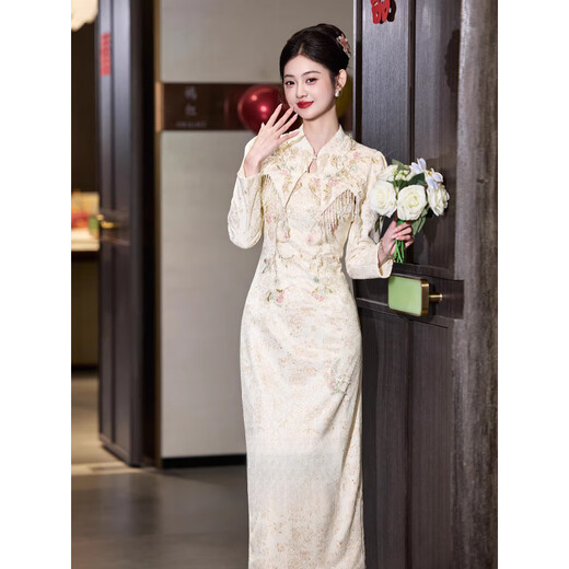 Fuling 2026 New New Chinese Style Cheongsam Dress Toast Wear Bridal Wedding Engagement Dress Long Sleeve Winter High-End Feeling Champagne S