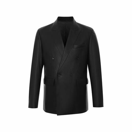 SATCHI suit collar double-breasted solid color business casual British style soft and comfortable leather jacket men's black black one size 48
