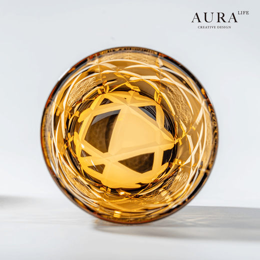 AURA LIFE Personalized Edo Kiriko Cup Twilight of the Gods Amber Lightning Hand-carved Crystal Whiskey Glass Lightning Amber Black Gift Box 260ml 1 piece