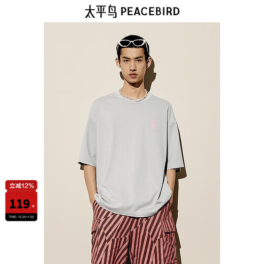 太平鸟男装 潮流休闲美式背后印花短袖T恤B2CNE2603 灰色1（阔型） 2XL
