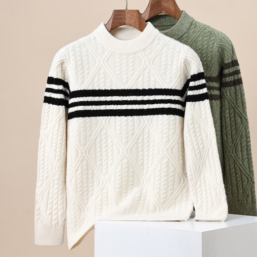 Jacquard thickened men's 100% wool sweater diamond-shaped autumn and winter round neck pure wool striped sweater men's top, fruit green 3XL 190/104A(125)