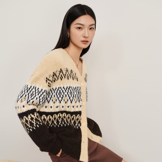 Eifini (eifini) Eifini Korean retro relaxed sweater jacquard loose knitted cardigan 2025 winter new women's beige M
