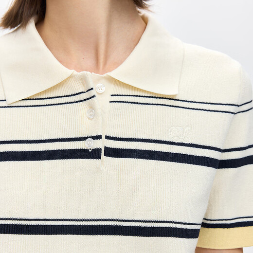 LILY2026 Spring New Fashionable Simple POLO Collar Contrast Color Stripes Casual Commuting Short-Sleeved Knitted Sweater Women's 703 Beige M