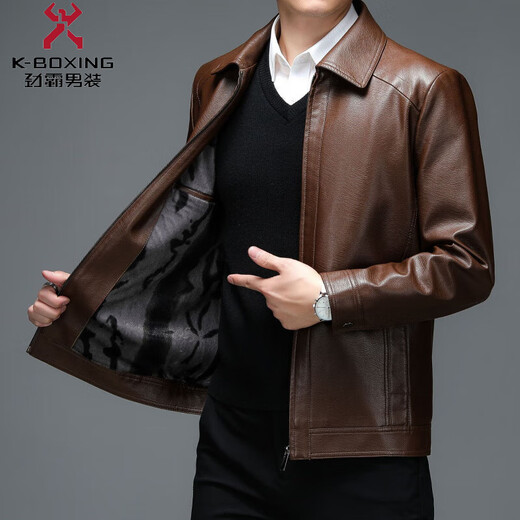 KBXNG Jinba leather jacket plus velvet quilting and thickened stand collar men's winter soft leather jacket leather jacket short middle-aged men yellow yellow L 175
