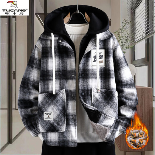 Woodpecker (TUCANO) autumn and winter vacation two-piece jackets for boys, junior high and high school students, velvet and thickened, teenagers and older men's jackets, cotton-padded jackets 8509 black plaid (single jacket), velvet and thickened M 80-100Jin Jin is equal to about 0.5 kg