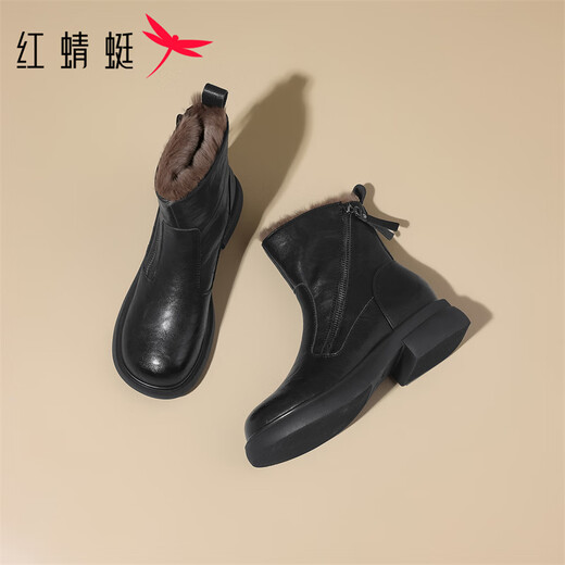 Red Dragonfly Short Boots for Women British Style Versatile Velvet Thickened Snow Boots Warm Winter 2025 New Black Velvet Heel Height 4.1cm 35 (225mm)