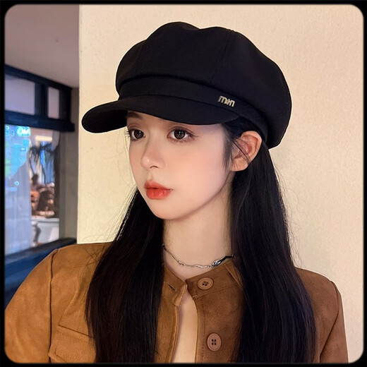 Octagonal hat for women in autumn and winter new style beret for women in autumn and winter showing face small duck tongue octagonal hat big head circumference French antique black black min style one size