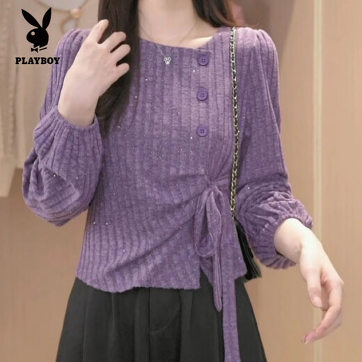Playboy (PLAYBOY) slant collar autumn and winter lace-up French irregular warm long-sleeved shirt bow western style slim fashion top Dark Violet M Recommended 105 Jin Jin is equal to within 0.5 kg
