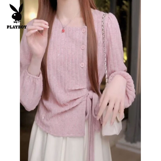 Playboy (PLAYBOY) slant collar autumn and winter lace-up French irregular warm long-sleeved shirt bow western style slim fashion top Dark Violet M Recommended 105 Jin Jin is equal to within 0.5 kg