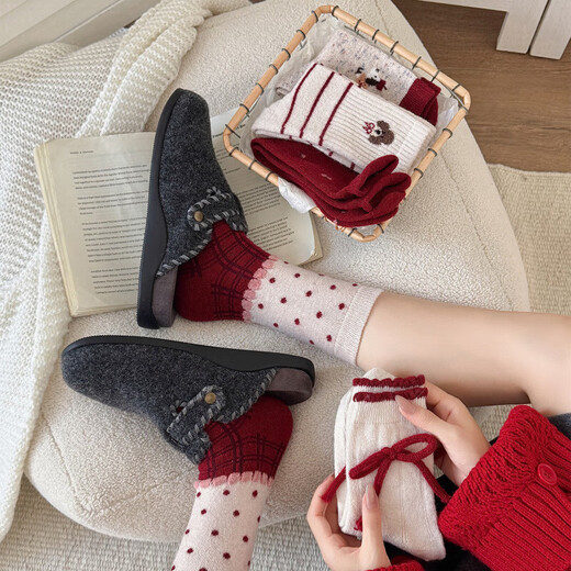 Christmas red socks for women in autumn and winter wool thickened warm bow dachshund socks polka dot New Year socks random style 1 pair one size fits all
